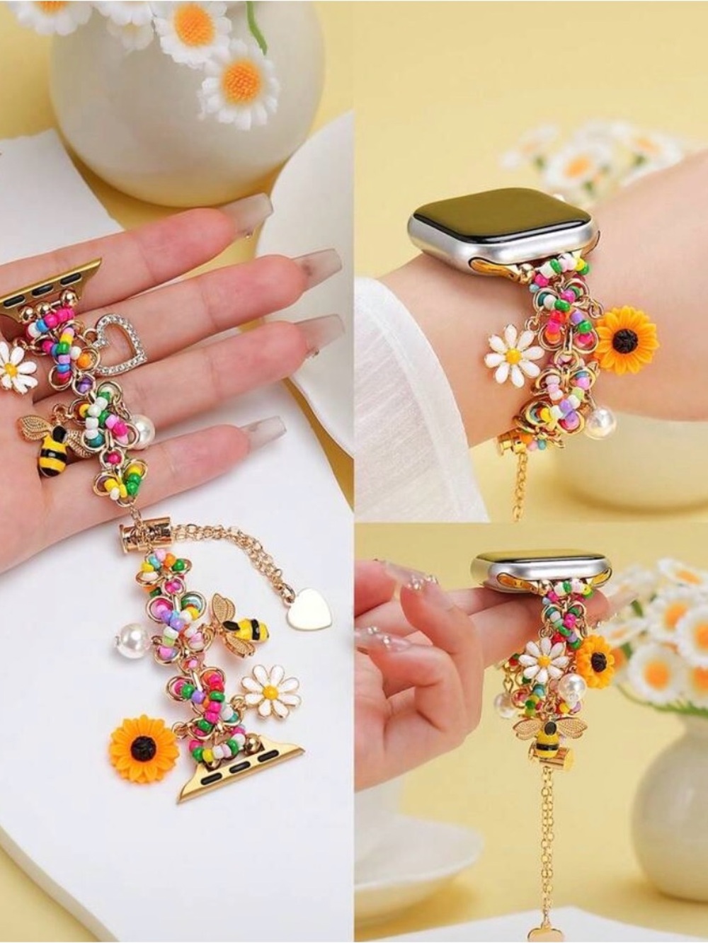 Multi-Color beaded I-Watch  band with Daisy, Bumble Bee,  42/44/45/49 s10 46mm